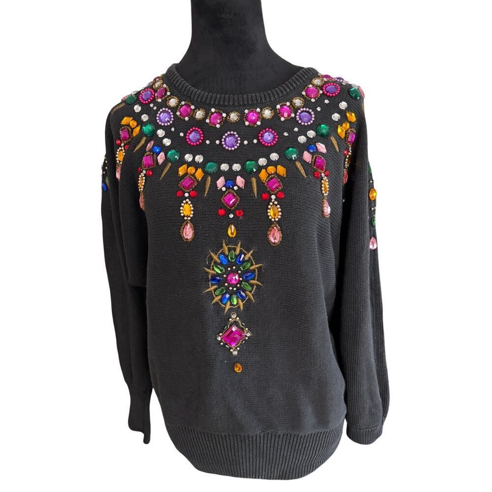 Vintage Jeweled Statement Sweater Black Viki International Size M 80s Glam